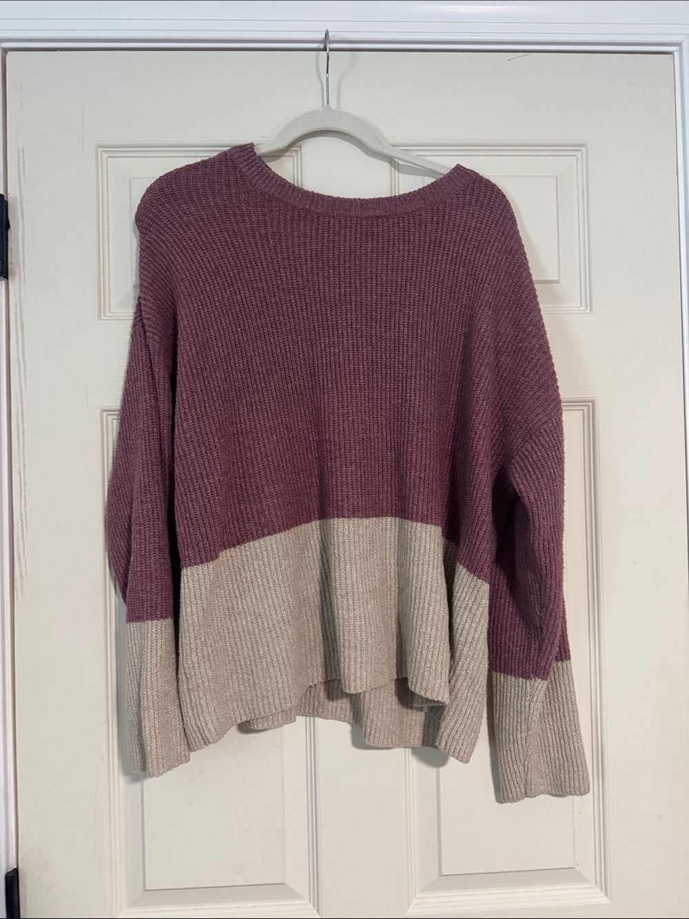 Relaxed Colorblock Crewneck Sweater in Mauve and Beige